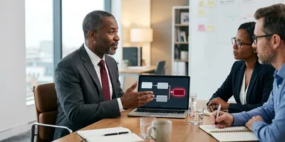 A regulatory affairs professional discusses a highlighted regulatory pathway flowchart on a laptop with two colleagues in a meeting room.