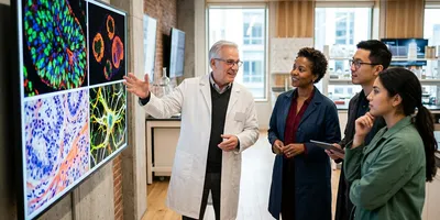 A group of drug discovery scientists reviews a grid of four distinct tissue-derived images representing different emerging spatial biology applications.