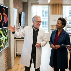 A group of drug discovery scientists reviews a grid of four distinct tissue-derived images representing different emerging spatial biology applications.