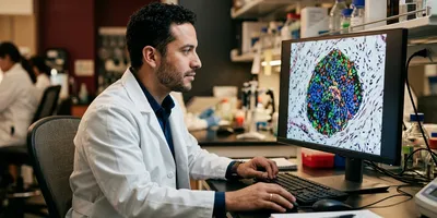 An immunology scientist examines a densely organized immune cell cluster within a joint tissue section on a monitor.