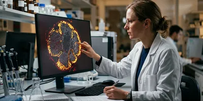 A cell therapy scientist studies a tumor cross-section showing engineered cells concentrated at the periphery and around vessels, sparser in the tumor core.