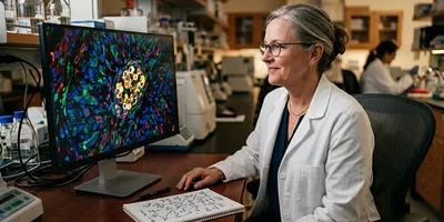 A proteomics scientist studies a tissue section with overlaid protein channels, one cluster of cells glowing brightly to indicate pathway activation.