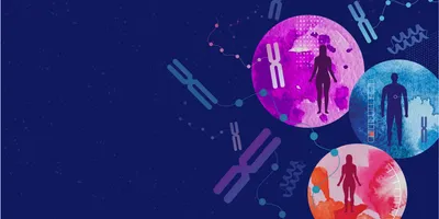An abstract vector montage combining images of chromosomes, people, and circles on a blue background. 