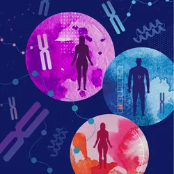 An abstract vector montage combining images of chromosomes, people, and circles on a blue background. 