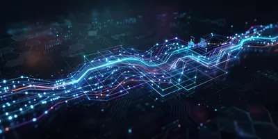 Alt Text Futuristic data visualization featuring glowing neon cyan and purple line graphs with illuminated nodes traversing a dark, technical background.