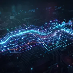 Alt Text Futuristic data visualization featuring glowing neon cyan and purple line graphs with illuminated nodes traversing a dark, technical background.