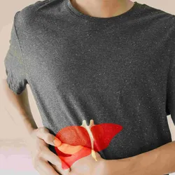 A man in a gray shirt with a red liver overlaid
