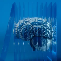 Brain image being divided by slides on a blue background.