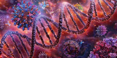 Illustration of a DNA double helix surrounded by colorful molecular structures, representing genetics and gene therapy.