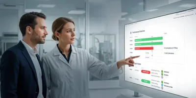 Two scientists looking at a screen