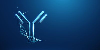 Illustration of an antibody intertwined with a DNA double helix.
