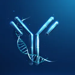 Illustration of an antibody intertwined with a DNA double helix.