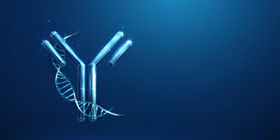 Illustration of an antibody intertwined with a DNA double helix.