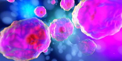 Illustration of brightly coloured pink and purple cells floating against a blue background.