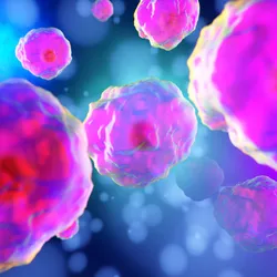 Illustration of brightly coloured pink and purple cells floating against a blue background.
