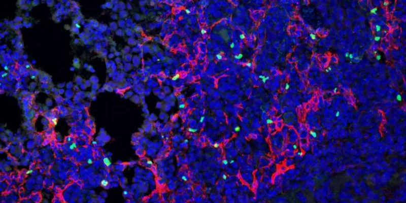 A microsopic close up of lunger cancer cells shown in blue and green.