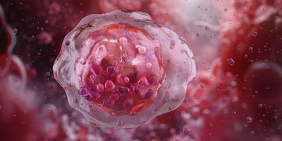 3D illustration of a single cell surrounded by small molecular particles in a red biological environment.