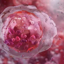 3D illustration of a single cell surrounded by small molecular particles in a red biological environment. 