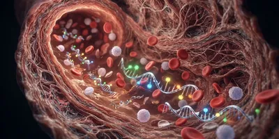 Glowing cell-free DNA fragments circulate among red and white blood cells in a human bloodstream.