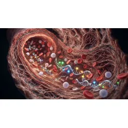 Glowing cell-free DNA fragments circulate among red and white blood cells in a human bloodstream.