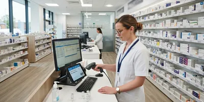 A pharmacist in a white coat scans a digital pharmacy card on a tablet at a modern pharmacy terminal, highlighting digital supply chain management.