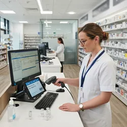 A pharmacist in a white coat scans a digital pharmacy card on a tablet at a modern pharmacy terminal, highlighting digital supply chain management. 