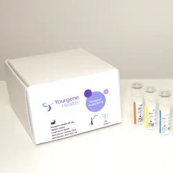 Product photo of the Yourgene Insight DPYD genotyping assay kit with labeled reagent vials for fluoropyrimidine pharmacogenomics testing.