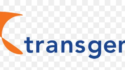 Transgene logo, dark blue text with orange graphic