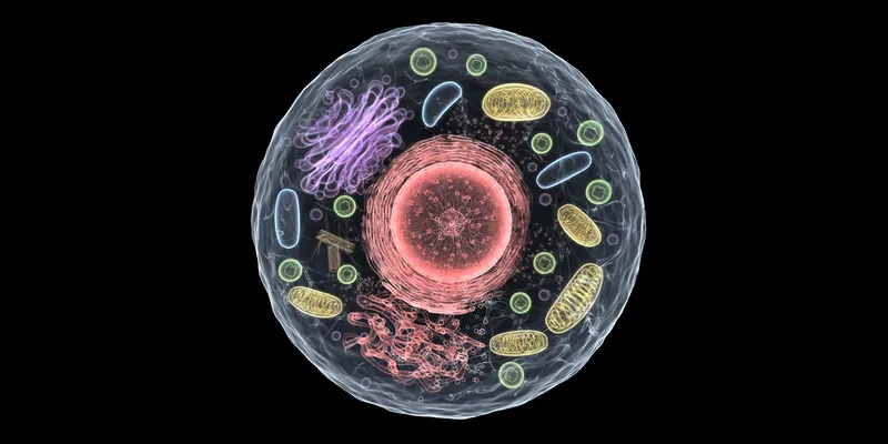 A 3D image of an animal cell, including the organelles, on a black background. 