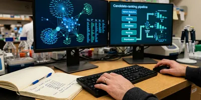 Researcher at a computational workstation reviewing AI-generated drug target candidates from a predictive genomics platform.