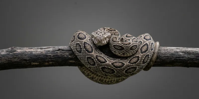 A snake coiled on a branch, symbolizing themes in recombinant antivenom development.
