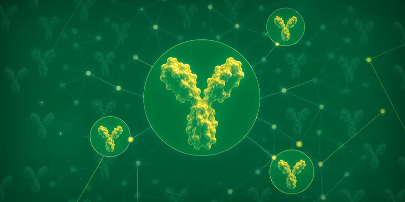 3D illustration of yellow IgG antibody structures on a green background representing computational antibody design in the AIntibody benchmark. SUGGESTED TAGS: computational-antibody-design, affinity-maturation, ai-drug-discovery, protein-engineering, biologics, benchmarking