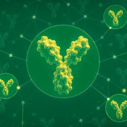 3D illustration of yellow IgG antibody structures on a green background representing computational antibody design in the AIntibody benchmark. SUGGESTED TAGS: computational-antibody-design, affinity-maturation, ai-drug-discovery, protein-engineering, biologics, benchmarking