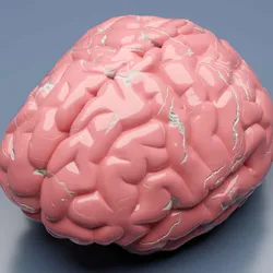 A pink ceramic brain with blue cracks on a gray background