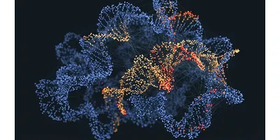 3D network visualization of human genome variant impact predictions, with blue nodes representing neutral single-nucleotide variants and amber-to-red nodes marking high-impact regions, connected by chromatin contact lines.