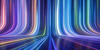Abstract 3D-rendered background with glowing blue and purple lines and violet light rays radiating through a dark space.