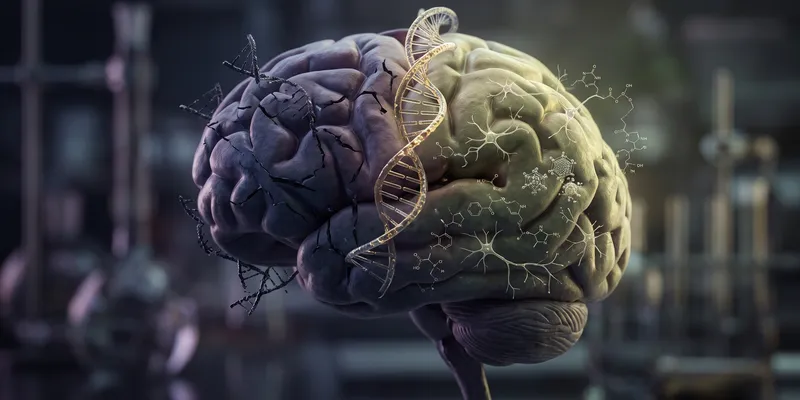 A brain with DNA and synapse imagery.