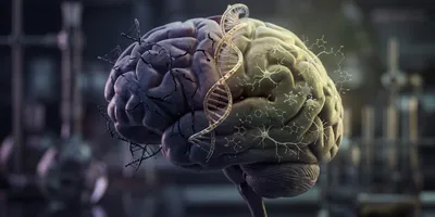 A brain with DNA and synapse imagery.