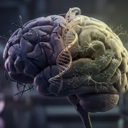 A brain with DNA and synapse imagery. 