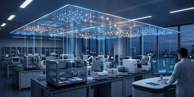 A scientist in a white lab coat reviews a dashboard monitor as a luminous AI data network hovers above automated laboratory instruments, illustrating agentic AI operating separately from a validated LIMS core.