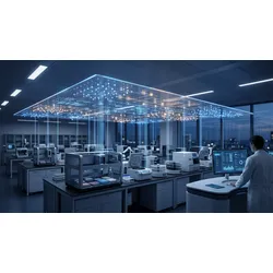 A scientist in a white lab coat reviews a dashboard monitor as a luminous AI data network hovers above automated laboratory instruments, illustrating agentic AI operating separately from a validated LIMS core.