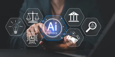 An image with AI at the centre, surrounded by icons depicting justice, ethics, collaboration, and error-finding.