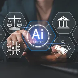 An image with AI at the centre, surrounded by icons depicting justice, ethics, collaboration, and error-finding.