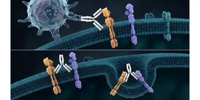 Molecular illustration of the amivantamab EGFR-MET bispecific antibody mechanism in EGFR exon 20 insertion NSCLC, showing simultaneous receptor binding, immune effector cell recruitment via the Fc region, and receptor internalization through membrane invagination.