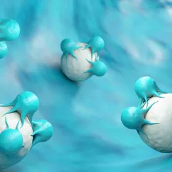 T cells attacking a cancer cell on a blue background