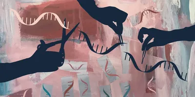 Give me alt text for this image: Illustration of three dark navy silhouetted hands editing strands of DNA against an abstract painted background in dusty pink, rust, gray, and teal. One hand holds scissors cutting a double helix, while two others use tweezers to lift and reposition a cut strand. Smaller DNA fragments float throughout the scene, suggesting gene editing.