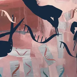 Give me alt text for this image: Illustration of three dark navy silhouetted hands editing strands of DNA against an abstract painted background in dusty pink, rust, gray, and teal. One hand holds scissors cutting a double helix, while two others use tweezers to lift and reposition a cut strand. Smaller DNA fragments float throughout the scene, suggesting gene editing.