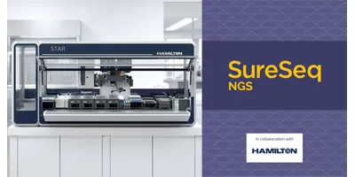 Hamilton STAR liquid handling workstation on a white laboratory bench alongside SureSeq NGS branding, representing OGT's automated NGS library preparation platform.
