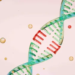 A DNA helix in green and red on a pink background.
