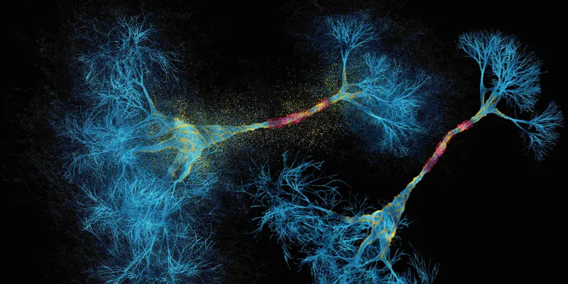 A blue neuron with myelin sheath on a black background